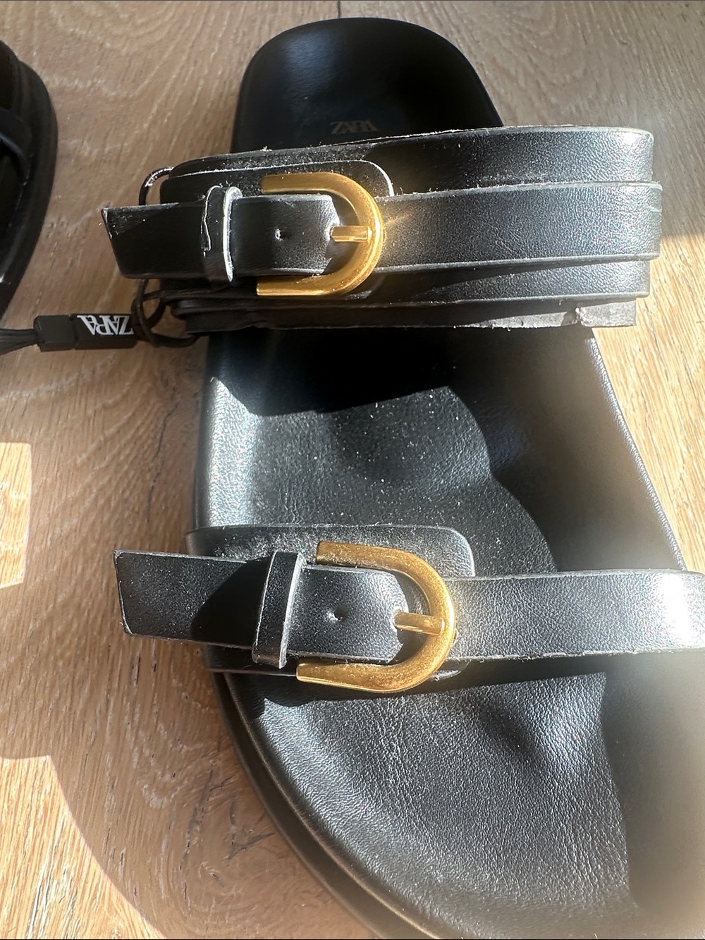 Zara Black Slide Sandals with Gold Buckles - Picture 3 of 4
